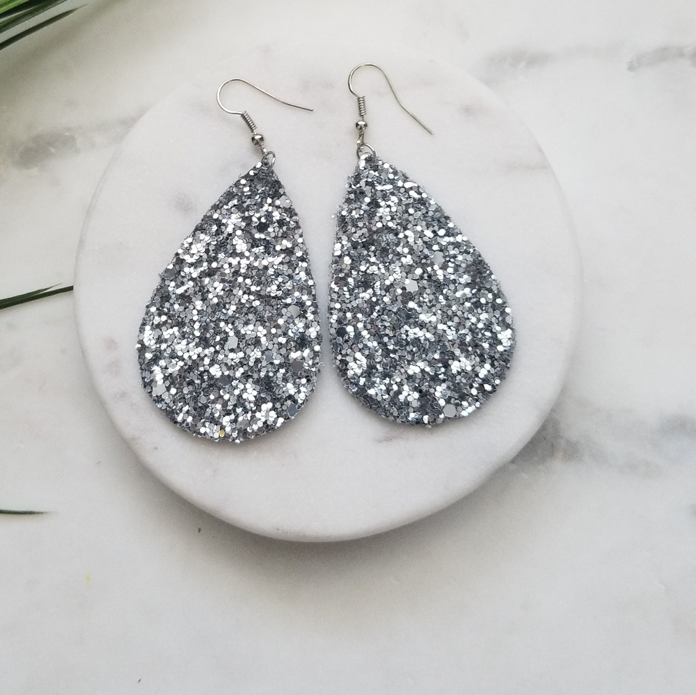 5 for $25 Silver Glitter Leather Leaf Earrings - Picture 2 of 3